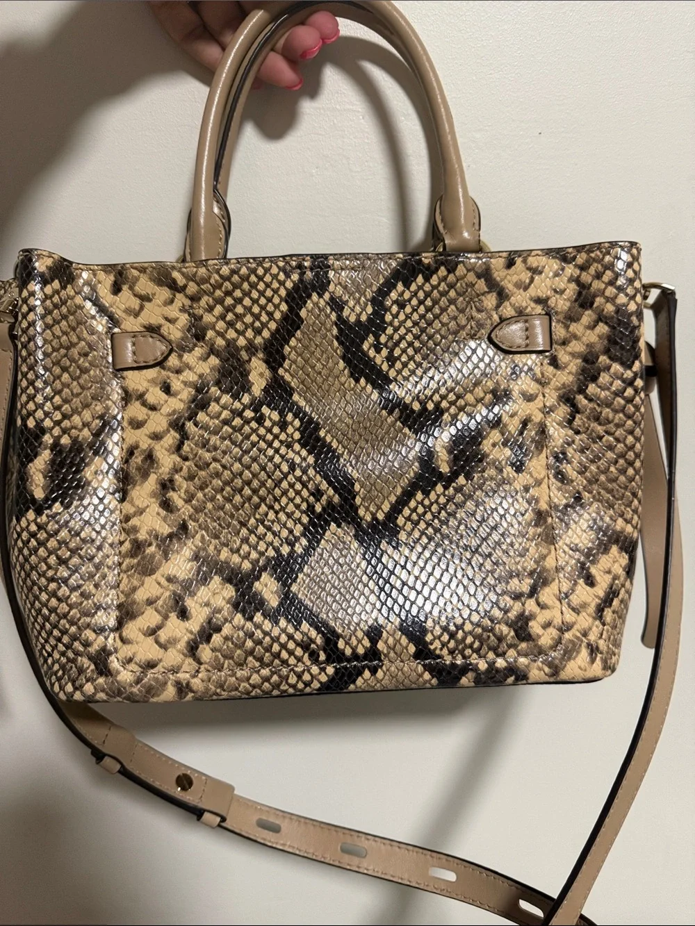 Michael Kors Tan Snake-Print Satchel with Gold Hardware